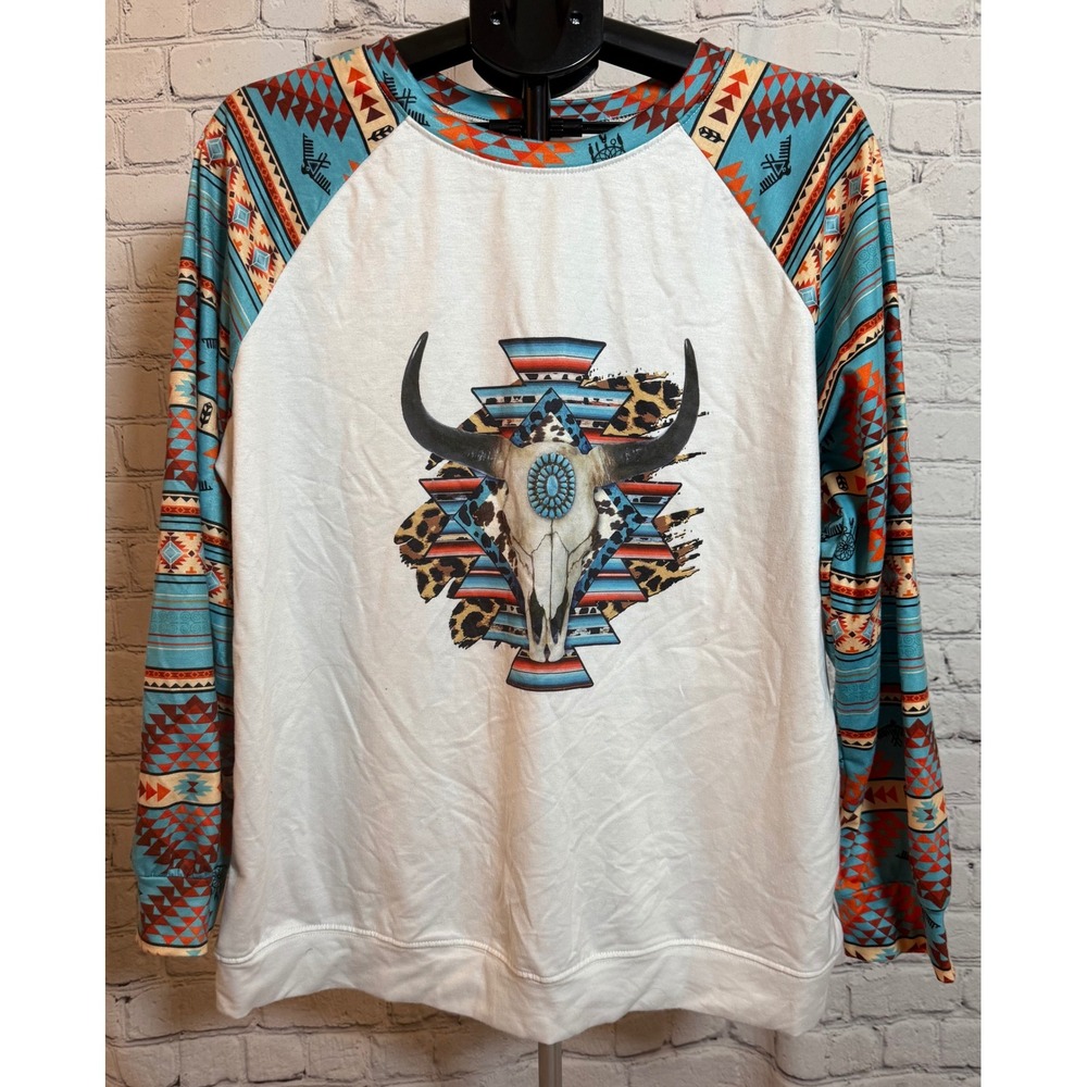 Western Steer Skull Raglan Top Southwestern Aztec Print Long Sleeve 2XL
